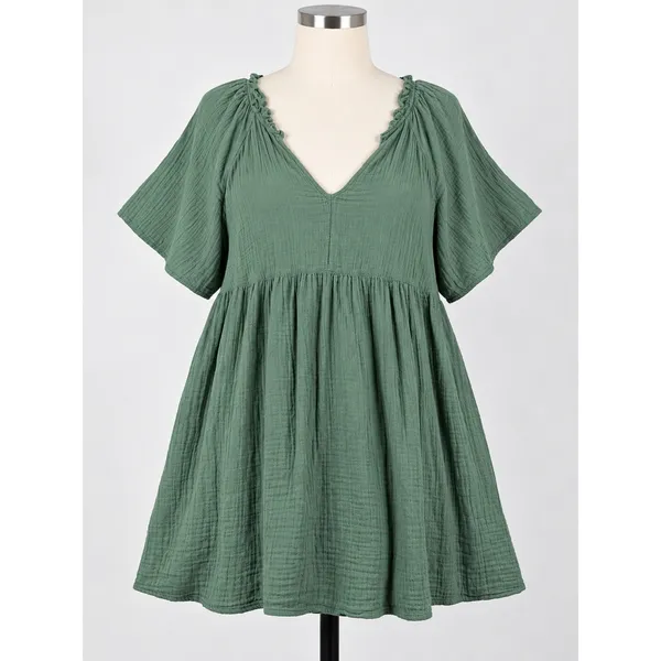 Old Navy Sage Green Gauze Babydoll Mini Dress XL V-Neck Short Sleeve Pockets - Image 2