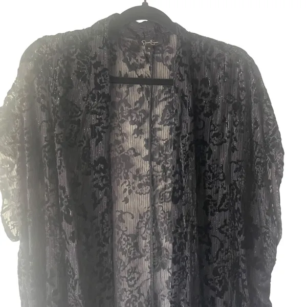 Jessica Simpson XL Witchy Velvet Fringe‎ Metallic Open Front Cardigan Long Top - Image 2