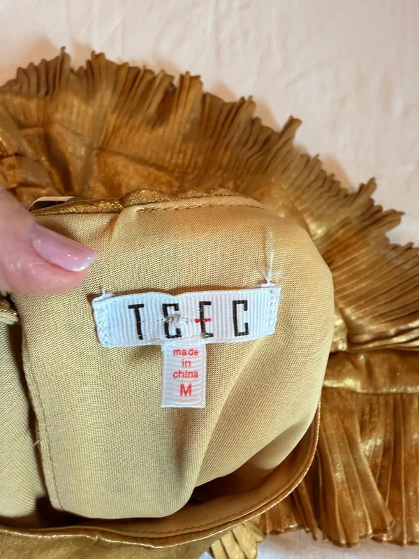 TCEC Metallic Gold Pleated Ruffle Mini Dress M Party Holiday - Image 2