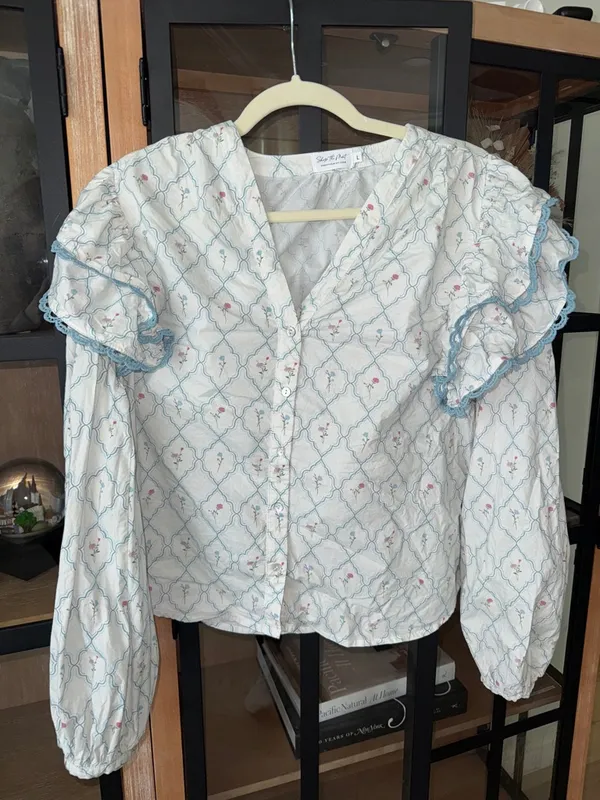 Shop The Mint Rendezvous Medallion Blouse block print top ruffle floral lace - Image 10