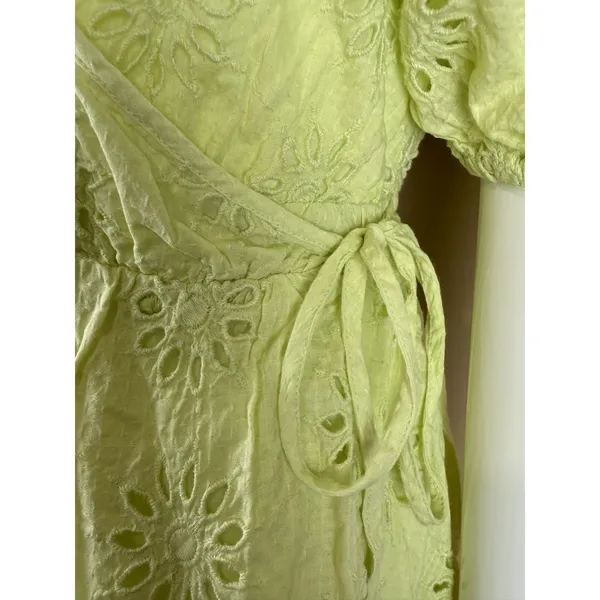 Zara Women’s XS Lime Green Eyelet Mini Wrap Dress Puff Sleeve Lined Cotton - Image 5