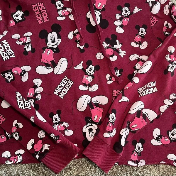 Disney Mickey Mouse Women’s Hoodie Cropped Burgundy Medium M Cotton Blend Casual - Image 8