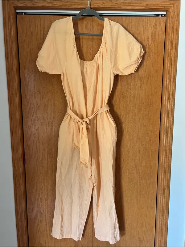 Free People Peach Off-Shoulder Tie-Waist Jumpsuit - Image 3