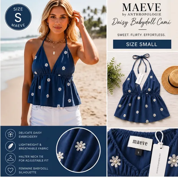 NWT Maeve Anthropologie Daisy Halter Babydoll Cami Blue Floral Medium - Image 2