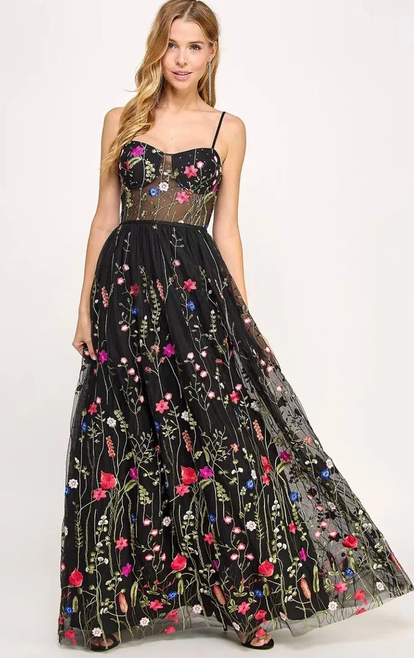 City Studios Black Floral Embroidered Prom/Formal Dress - Image 2