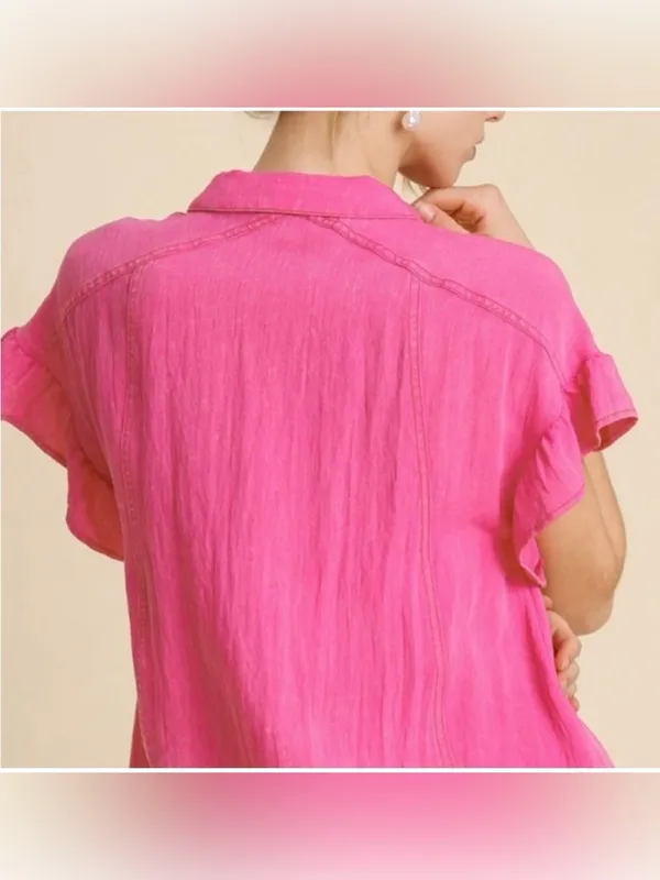 Umgee Hot Pink Ruffle Sleeve Collared Mini Shirt Dress S Small Barbiecore Boho - Image 8