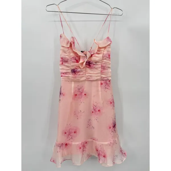 Lulu’s Pink Floral Fairy Ruffle Mini Party Dress Ruched Bodice Medium NEW - Image 6