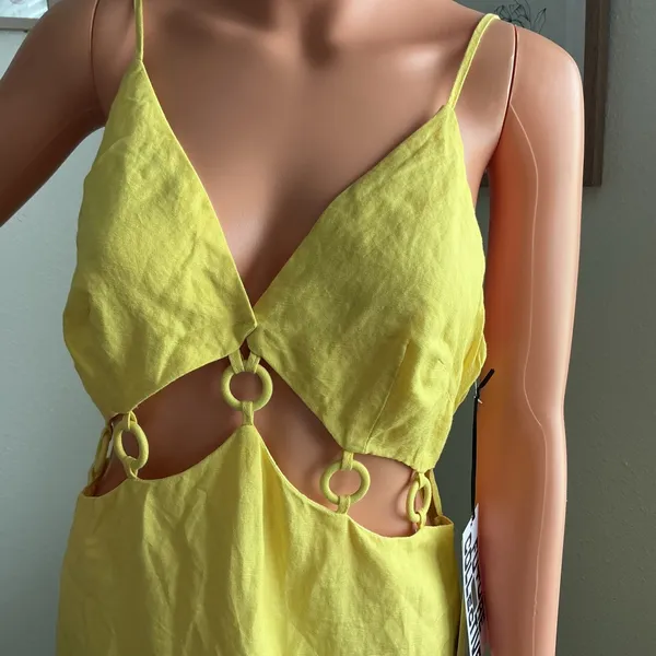 Women's Yellow Cutout Midi Dress - Spaghetti Strap Summer Dress Size 10 - Image 5
