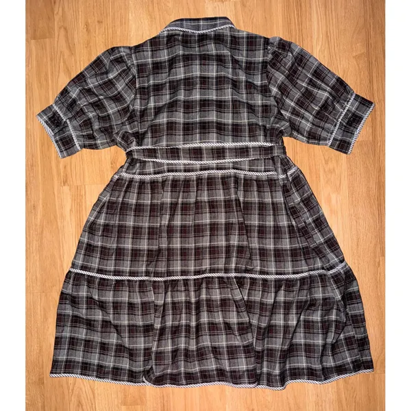 Dress Up Womens Plaid Tiered Button Front Dress Puff Sleeve Grey Burgundy Small - Image 3