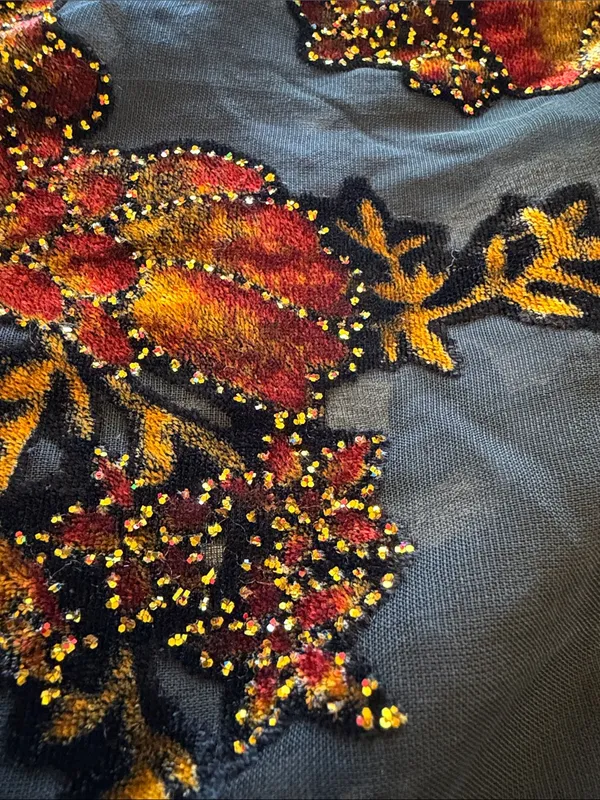 Velvet burnout floral shawl black and orange, sparkle details outline, 66"x21.5" - Image 9