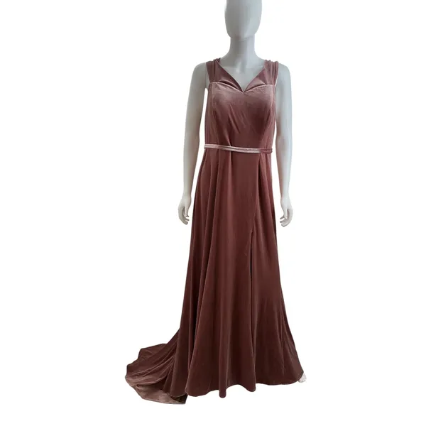 Cocomelody Dusty Rose Velvet Maxi Gown V-Neck‎ High Slit Formal Dress Mauve - Image 6