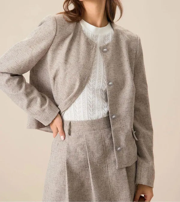 Rihoas Round Neck Khaki Single-Breasted Jacket & Pocket Pleated Mini Skirt - Image 5