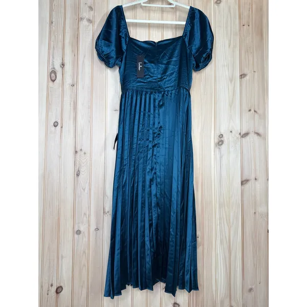 NWT Lulus Flawless Forever Teal Satin Pleated Midi Dress Bridesmaid Gala Size M - Image 5