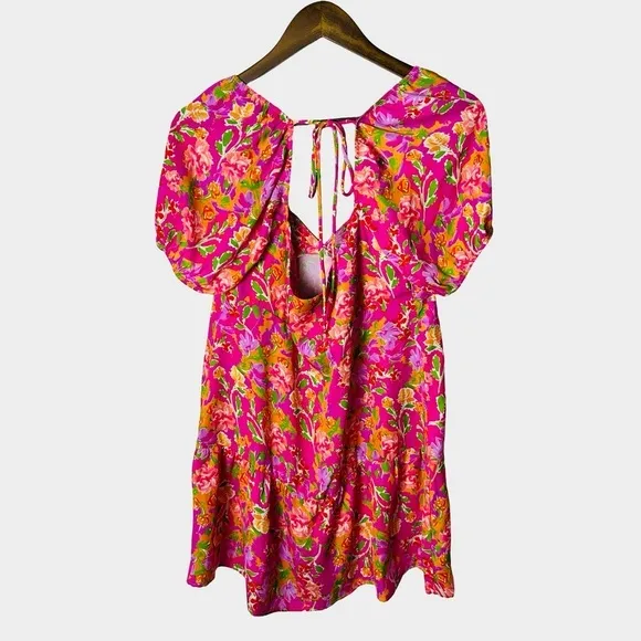 RESA Amber Floral Mini Dress‎ Size S Pink Puff Sleeve Open Back Tie - Image 7