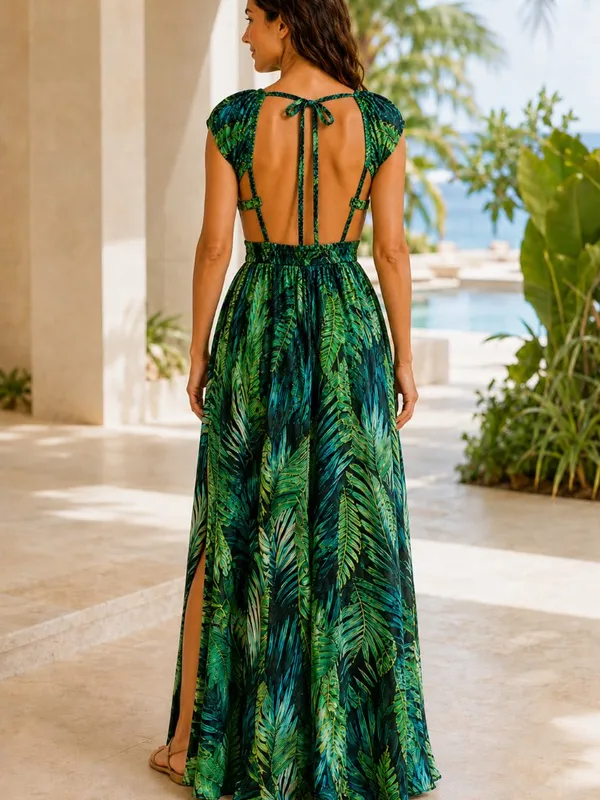 Green Tropical Palm Leaf Smocked Open Back Maxi Dress Side Slit Resort NWT - Image 4