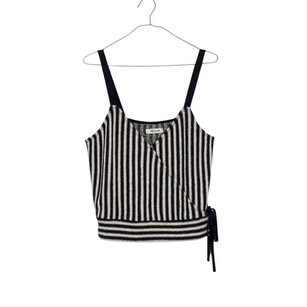 Madewell Navy Blue & Ivory Striped Jacquard Side Tie Faux Wrap Finale Cropped Tank Small - Image 5