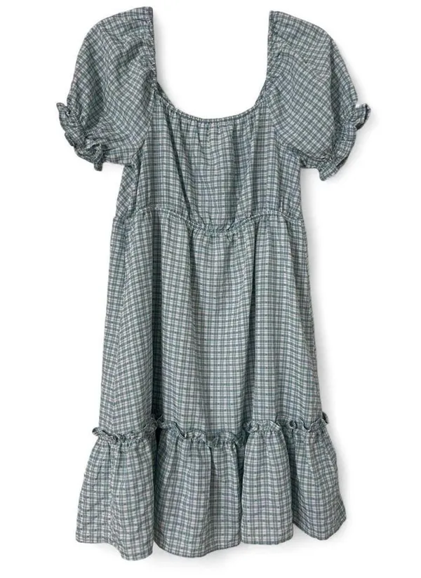 Teal & White Checkered Puff Sleeve Mini Dress - Size Large | E&M Boutique - Image 4