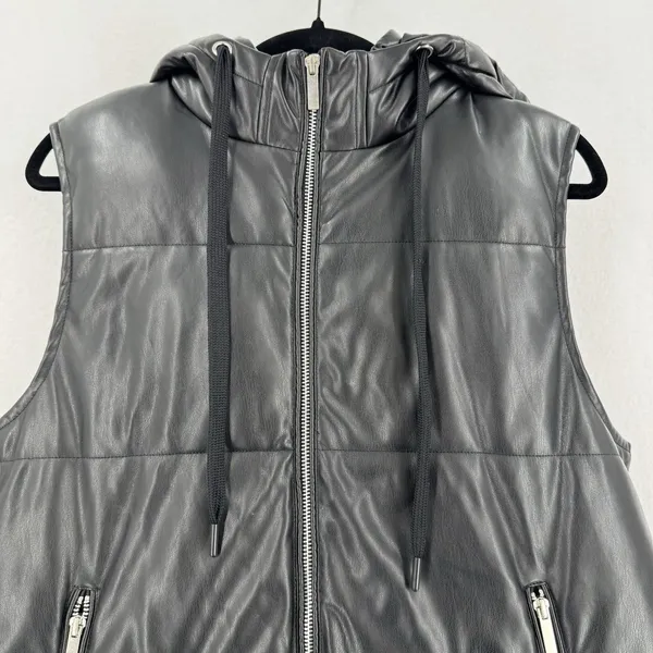Vigoss Women L Black Faux Leather Hooded Long Puffer Vest Zip Pockets Moto Edgy - Image 3