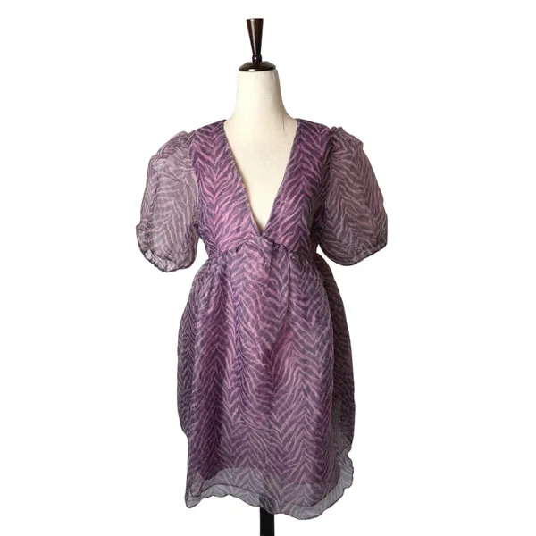 Endless‎ Rose Ella Organza Babydoll Mini Dress Women Medium Purple Zebra Print - Image 2
