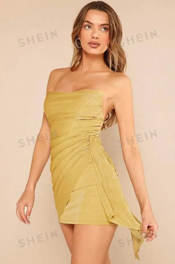 SheIn BAE Ruched Side Draped Detail Glitter Tube Bodycon Dress - Image 2