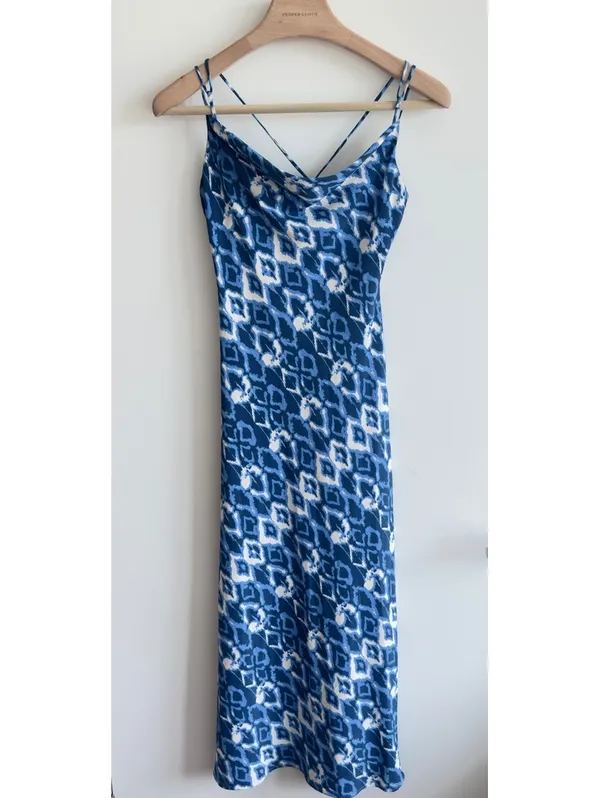 Zara Blue White Printed Cowl Neck Strappy Back Midi Slip Dress Size S - Image 3
