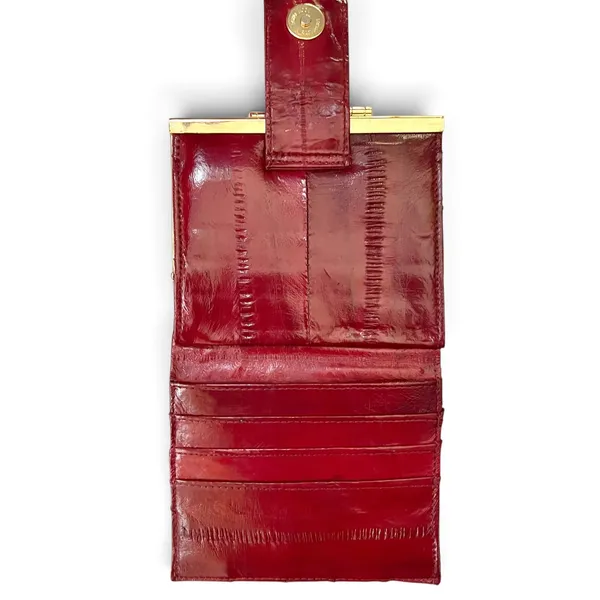 Vintage Eel Skin Burgundy Red Compact Kisslock Frame Wallet - Image 5