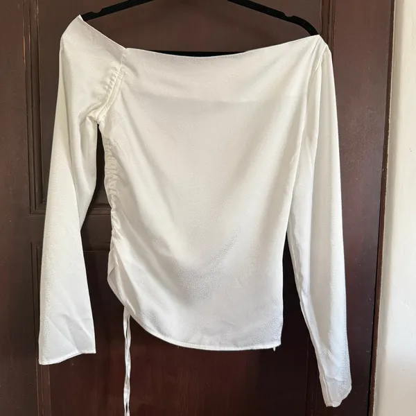 REFORMATION | White Jacquard Satin Allira Asymmetrical Off Shoulder Blouse | 0 - Image 2