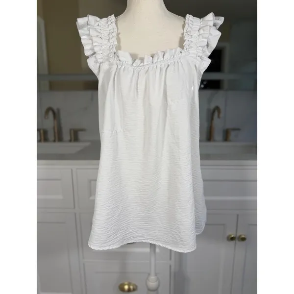 Ruffle Strap Tank Top Womens Large White Sleeveless Square Neck Flowy Blouse - Image 3