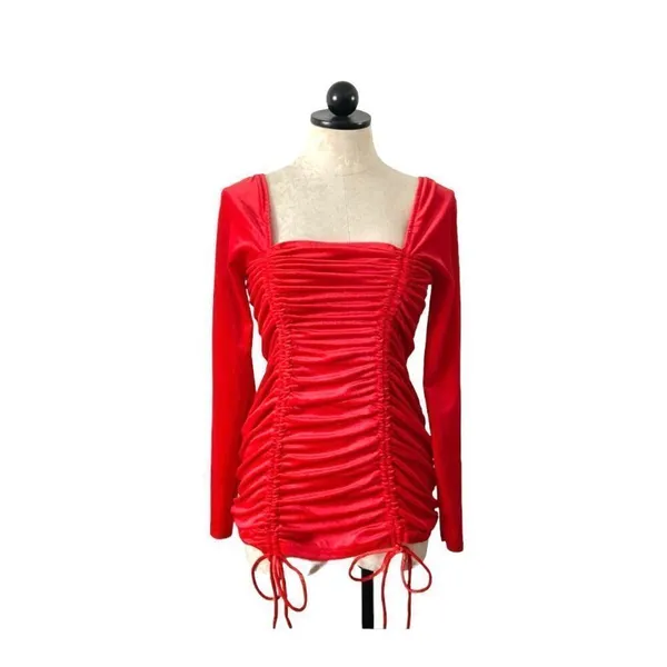 NWT Womens Wild Fable Red Crushed Velvet Ruched Holiday Dress - Sz L - Image 4