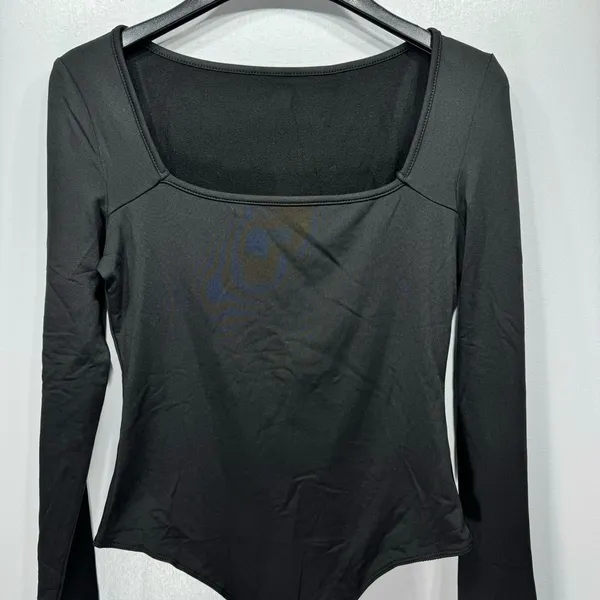 NEW Black Long Sleeve Square Neck Thong Bodysuit Size Medium - Image 2