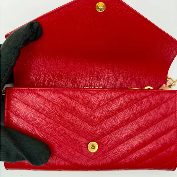 Yves Saint Laurent YSL Monogram Chevron Leather Clutch Crossbody Wallet with Chain Red - Image 3