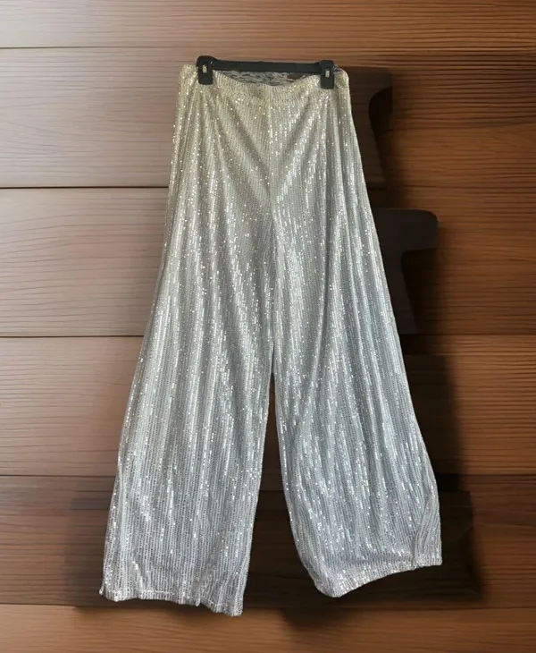 Cider Silver Sequin Size X-Large Elastic Mid Waist Straight Leg Pants Brand - Image 2