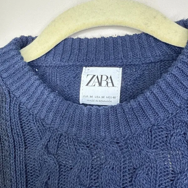 Zara‎ Women's Medium Tri-Colored Navy Blue Cable Knit Sweater Crew Neck Cotton - Image 3