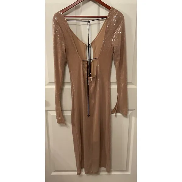 NWOT Meilun Deep V Dress Drawstring Long Sleeve Sequin Dress Long Gown, sz M - Image 4