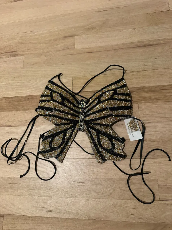 Windsor Gold and Black Beaded Butterfly Crop Top - Image 2