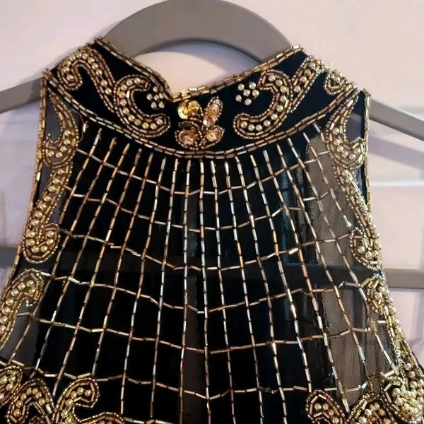 Ted LapidusBlack and Gold Strapless High Neck All Over Beaded Evening Gown Dress - Image 4