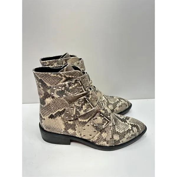 STEVEN NEW YORK Beige Snake‎ Buckle Accent Studded Hazan Almond Toe Block Heel - Image 5