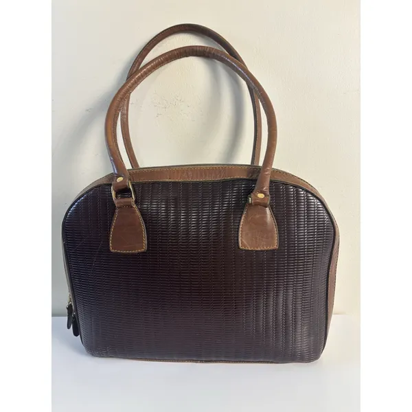 Vtg MC Buenos Aires Woven Brown Argentina Leather Satchel Bowling Bag Embossed - Image 2