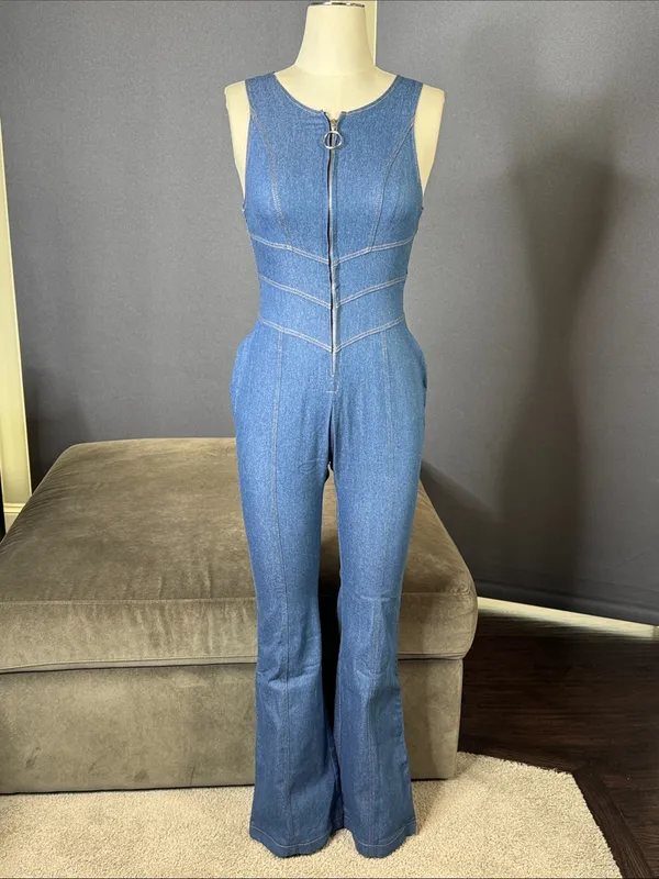 Sleeveless Sexy Blue Denim Jumpsuit Front Zip Slim Fit Retro 70s Flare Size S - Image 2