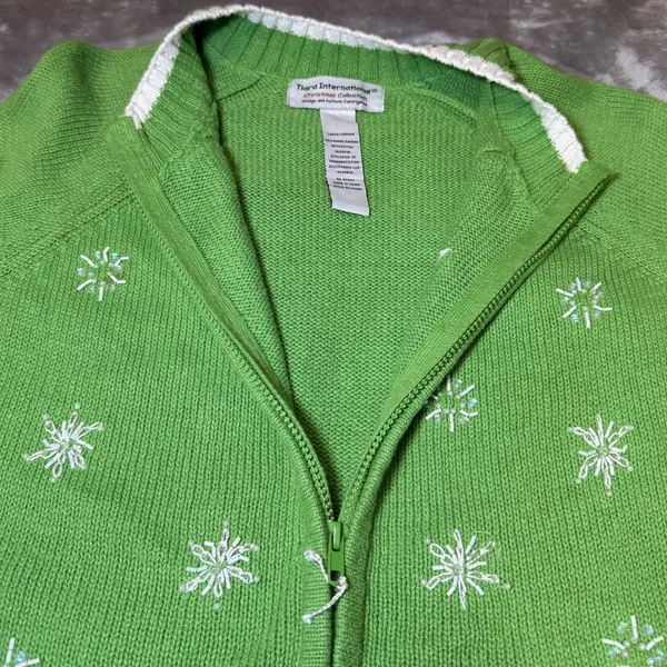 Tiara International Womens Size Large Christmas Cardigan Green Snowman Beaded - Image 15