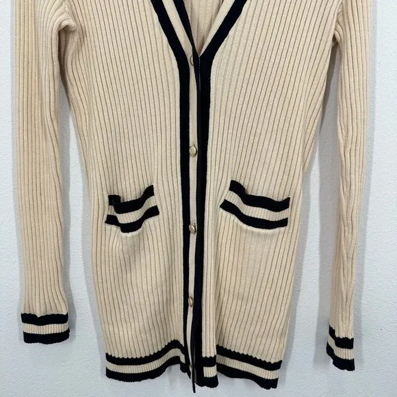 Cabi Size Small Cardigan Cream Navy Ribbed Knit Academia‎ Career Preppy Coastal - Image 4