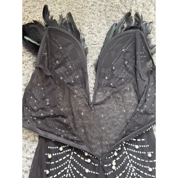 Beaded Pearl Sheer Feather Bust Dress Size Small Stretchy Bodycon Night Out - Image 12