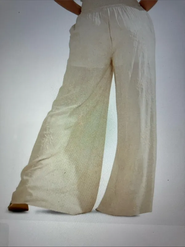 Rewash Cream Wide-Leg Smocked Waist Pants w/tonal leaf pattern - Image 2