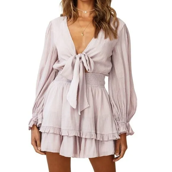 Angel Biba Mauve Ruffle Mini Romper Dress Long Balloon Sleeve Front‎ Tie Small - Image 2
