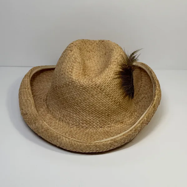 Georgi Vintage Straw Cowboy Hat Tan Feather Accent Wide Brim Western Boho Unisex - Image 5