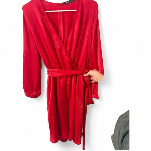 Zara Red Velvet Wrap Romper with Tie Waist Sz XL - Image 2