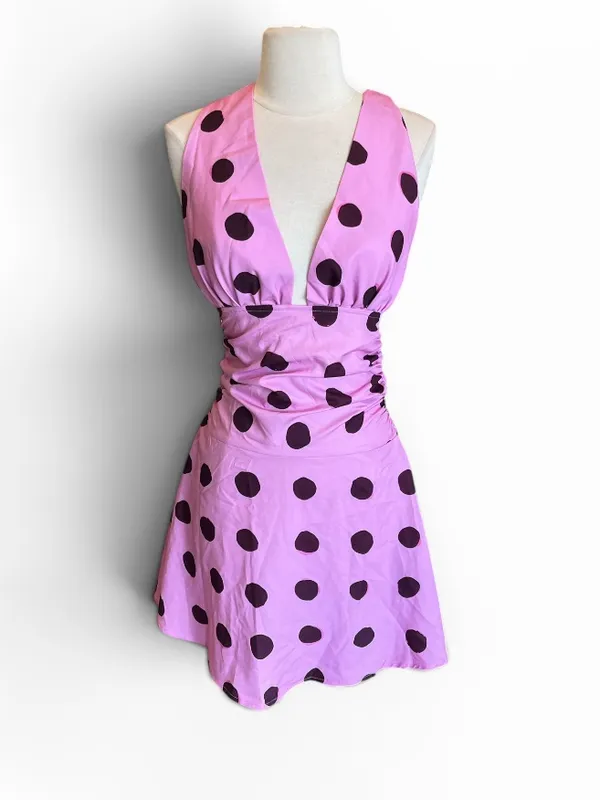 Pink Brown Polka Dot Silky Dress Halter Open Back Mini - Image 3
