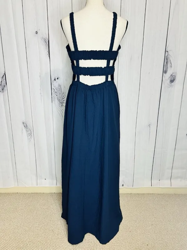 Davi & Dani Maxi Dress Sz L Navy Open Back Ladder Strap Smocked Front Sleeveless - Image 8