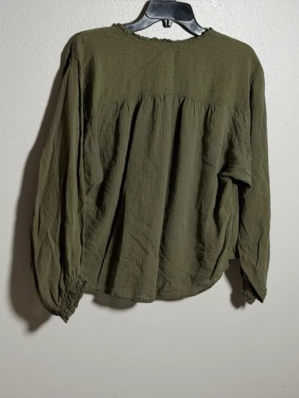 LOFT‎ Women Olive Green Button-Front Balloon Sleeve Blouse Flowy Ruffle size M - Image 8