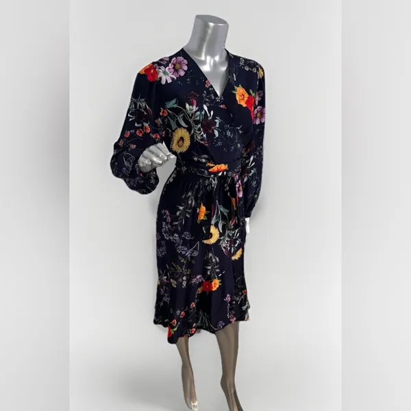 Amour Vert Washable Silk Elma Provence Floral Wrap Long Sleeve Midi Dress M - Image 7
